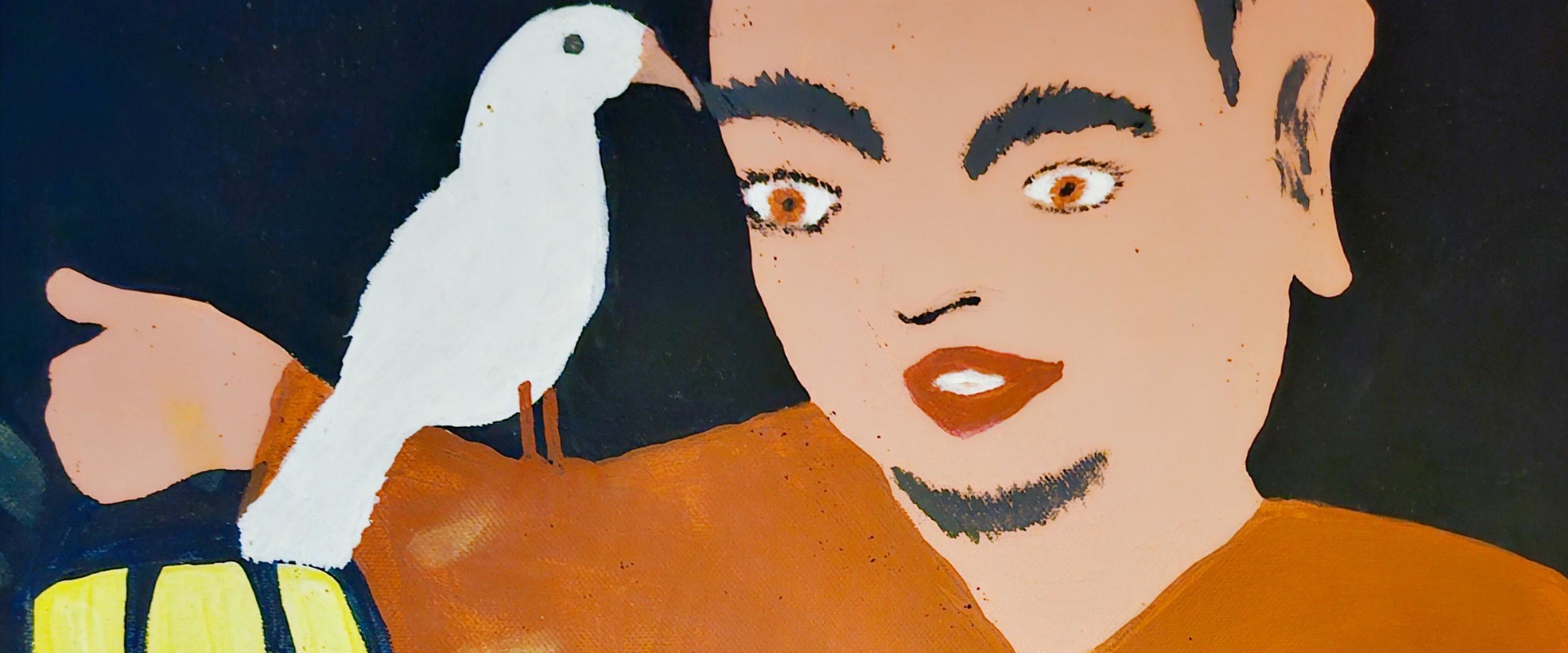 Seelenkunst Ausstellungsmotiv, Kultur im Rathaus Altötting, Foto: Seelenkunst Altötting Ausstellungsmotiv Mann mit weißem Vogel auf der Schulter und Laterne