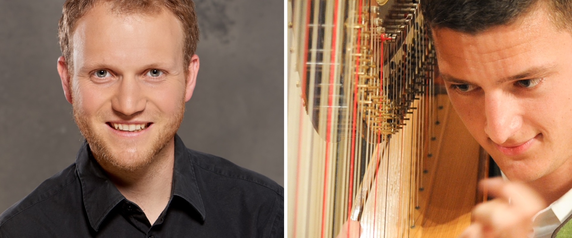 Harfe und Horn, Senioren Weihnachten, Forum Altoetting Bild Gisela Schregle, Bild Markus Schmuck Zwei Musiker, einer mit Horn und einer an der Harfe.