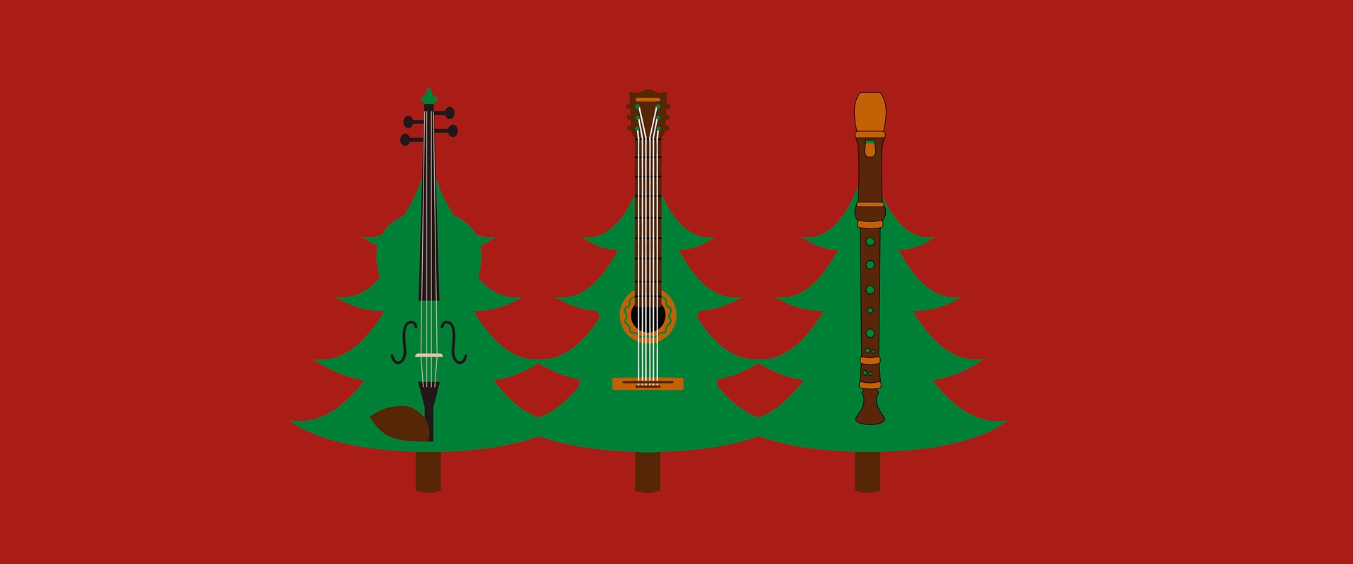 Nachgluehen, Christkindlmarkt, Scharnagl, Forum, Altoetting, Bild Pixabay Grüne Weihnachtsbäume und Gitarren vor rotem Hintergrund.
