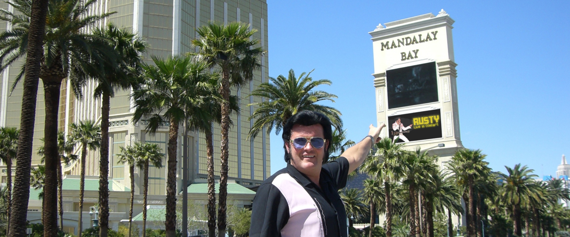 Rusty vor dem Mandalay Bay Hotel in Palm Springs, Elvis Tribute Artist im Forum Altötting