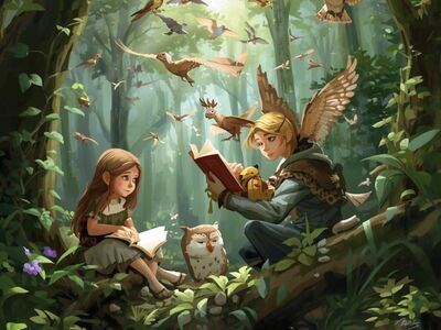 Vorlesedreiviertelstunde in der Stadtgalerie Altötting Geschichten aus dem Wald, Foto Canva AI Generator Illustriertes Foto von einem Mädchen und einem Jungen im Wald mit vielen Vögeln.