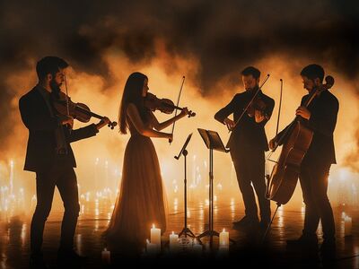 Bridgerton, Streichquartett, Kerzenschein, Forum, Altötting, Bild AZ Event Production Vier Musiker auf einer Bühne mit vielen Kerzen.