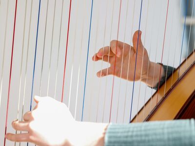 Eine Frau spielt Harfe. 