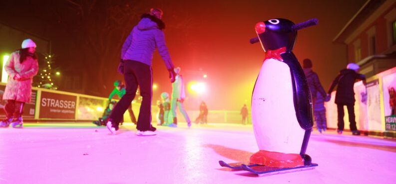 Ein Pinguin als Schlittschuh-Hilfe auf der hochmodernen Synthetik-Eisbahn am Bahnhofplatz!