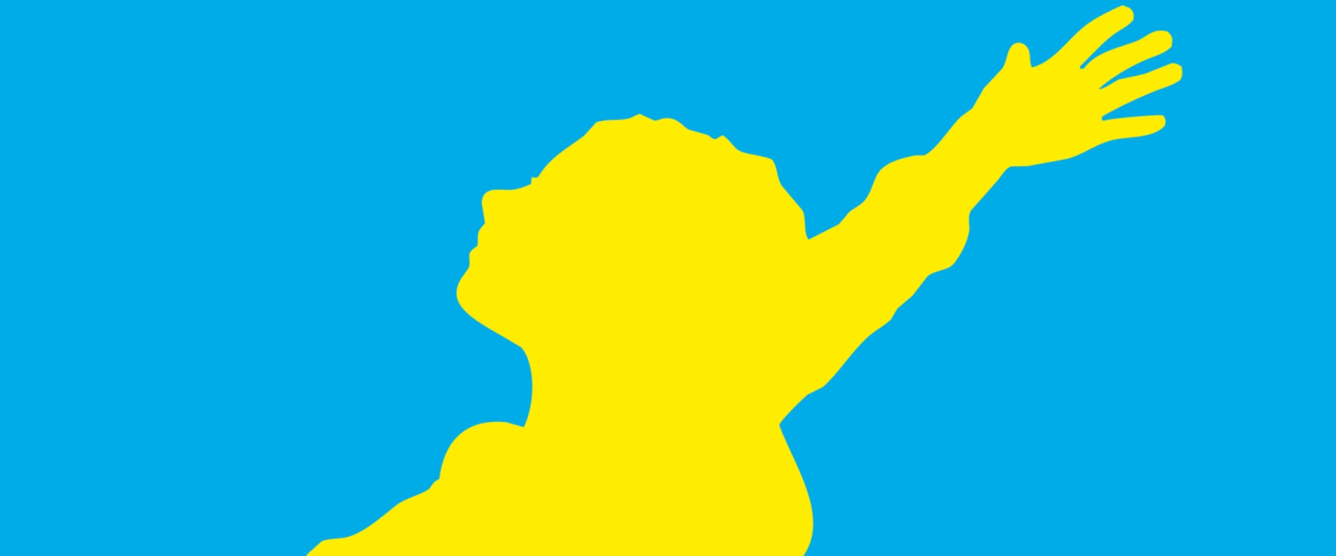 Gelbe Figur auf blauem Hintergrund.