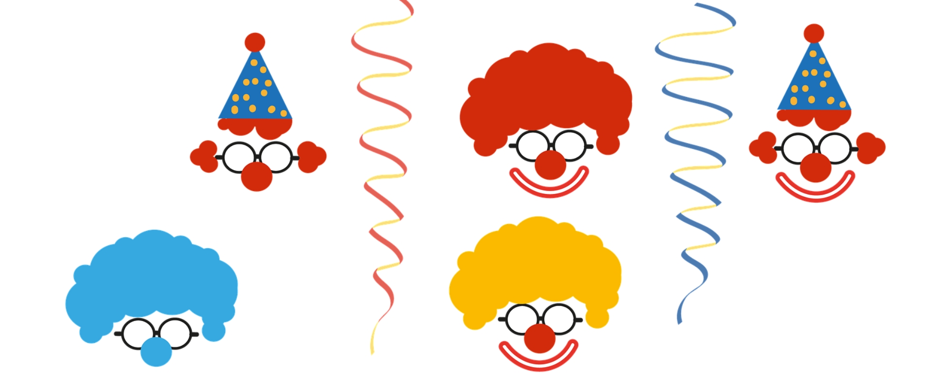 Bunte Clownsgesichter vor hellem Hintergrund.