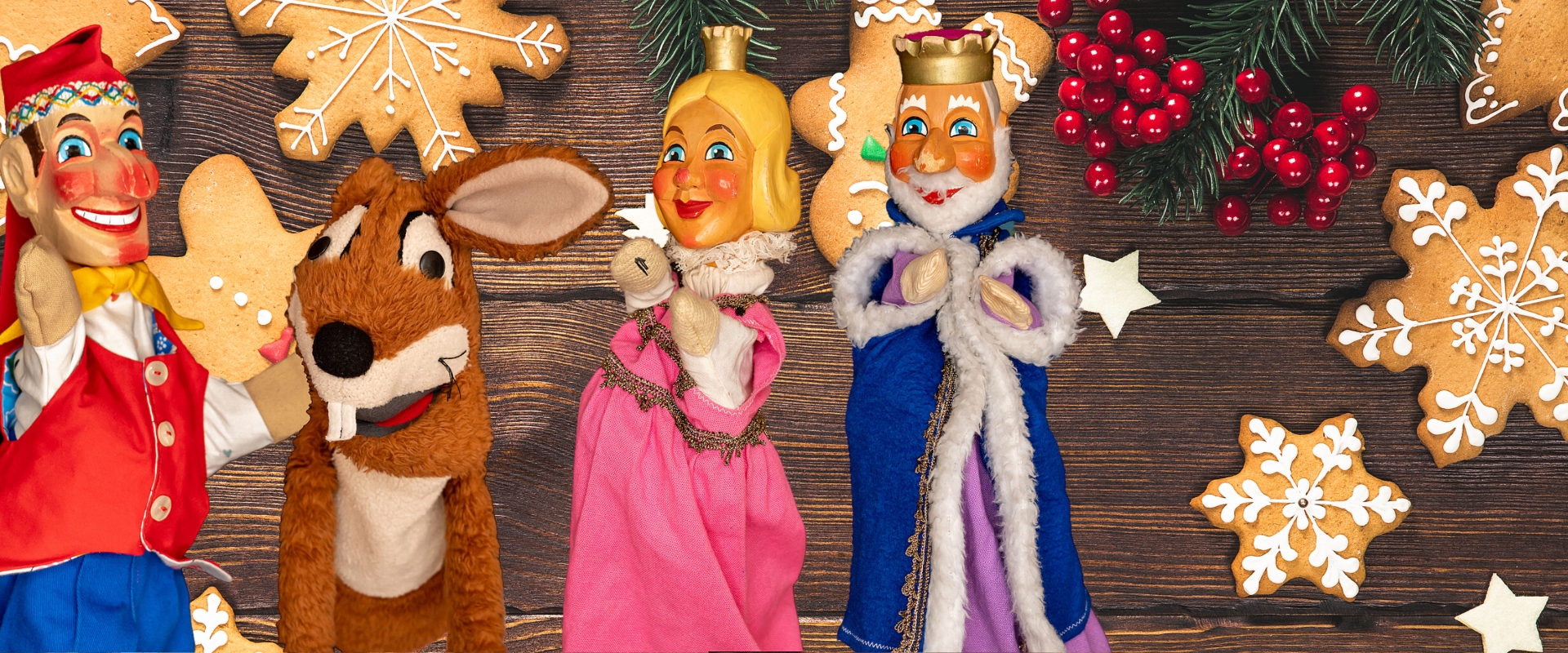 Kasperl, Prinzessin, König und Hase als Handpuppe mit Weihnachtsmotiv.