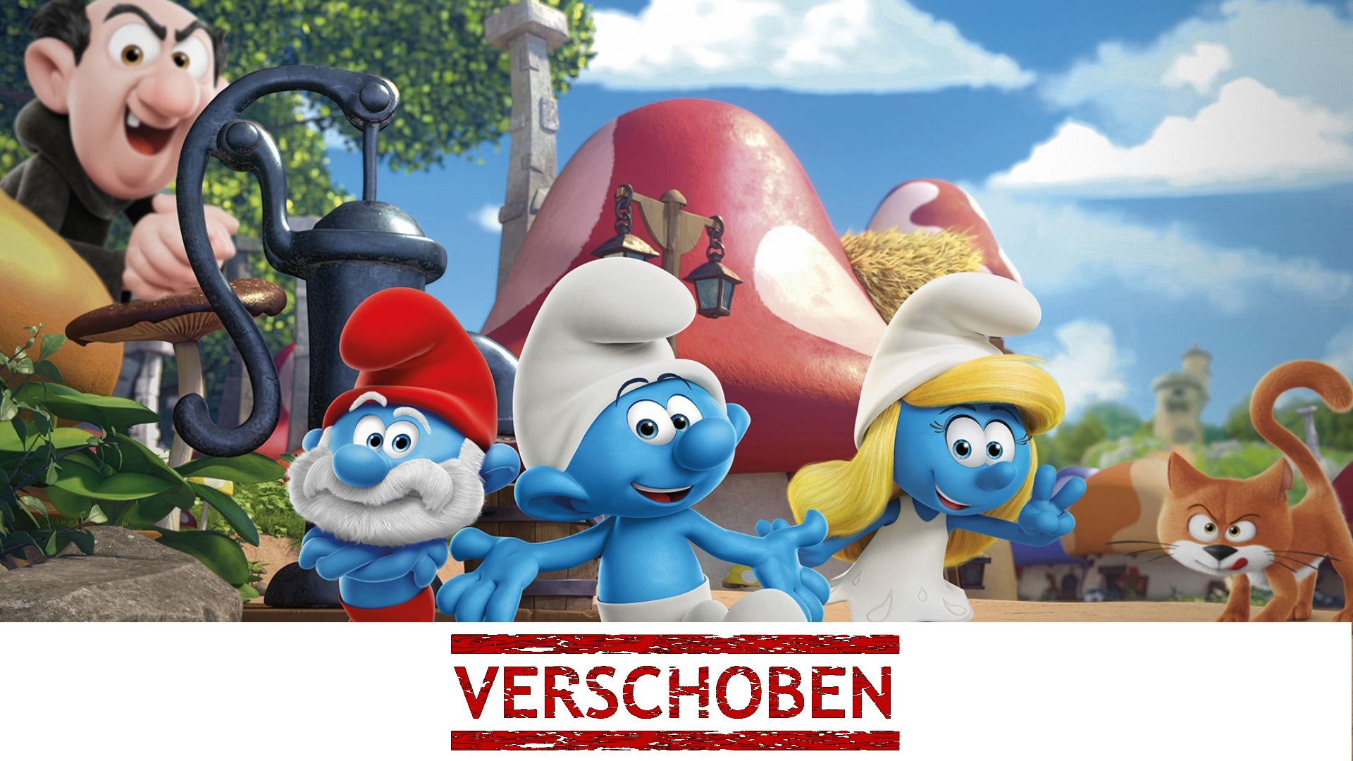 Papa Schlumpf, Schlumpfine stehen vor einem der Pilhäuser in Schlumpfhausen, doch Gargamel ist ihnen schon sehr nah!