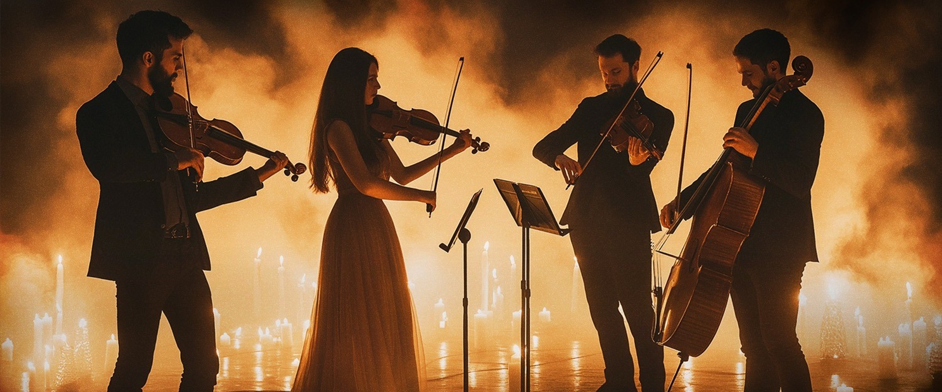 Bridgerton, Streichquartett, Kerzenschein, Forum, Altötting, Bild AZ Event Production Vier Musiker auf einer Bühne mit vielen Kerzen.