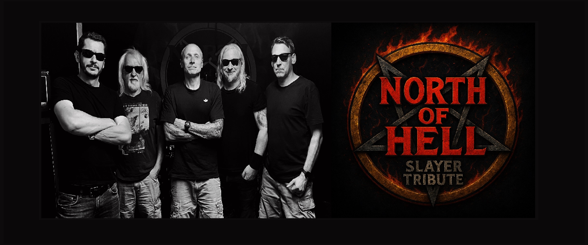 5 Männer in schwarzen T-Shirts.