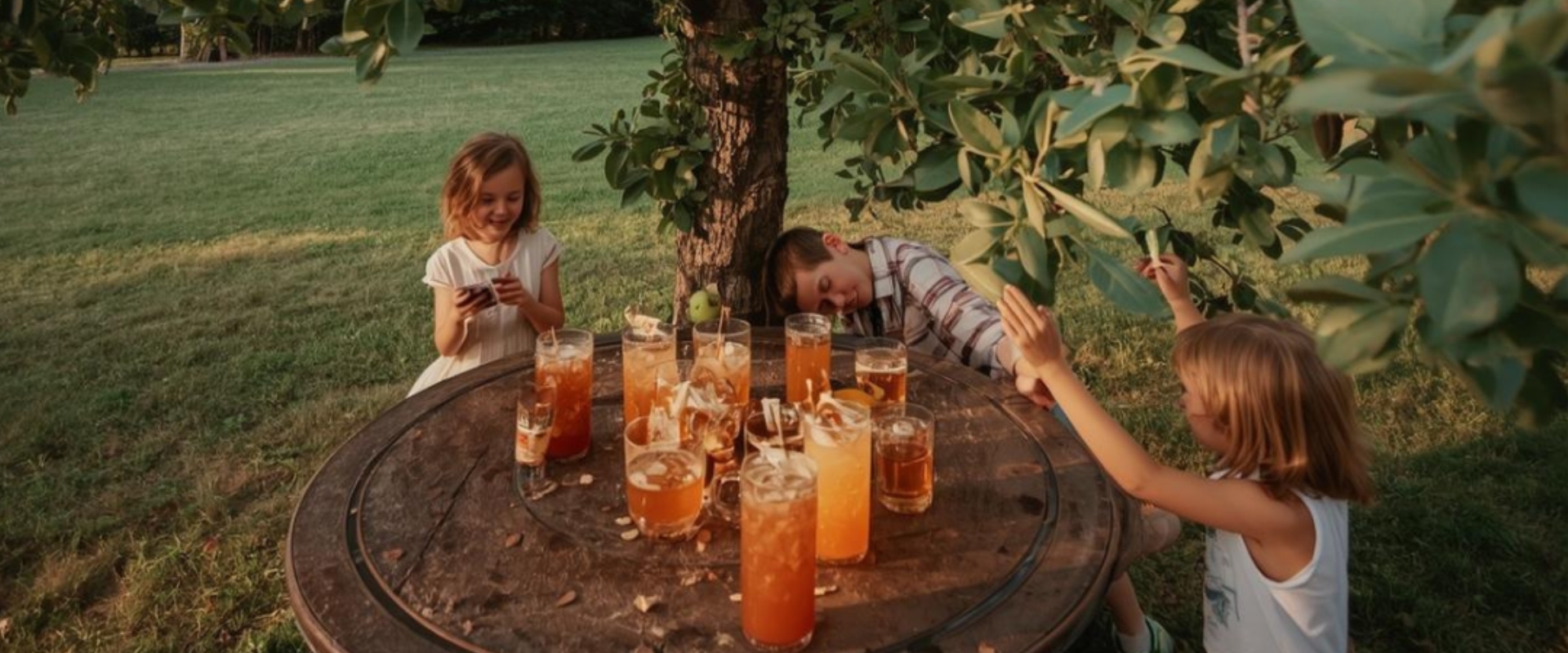 Drei Kinder sitzen unter einem Baum bei dem ein Tisch mit Getränke steht.