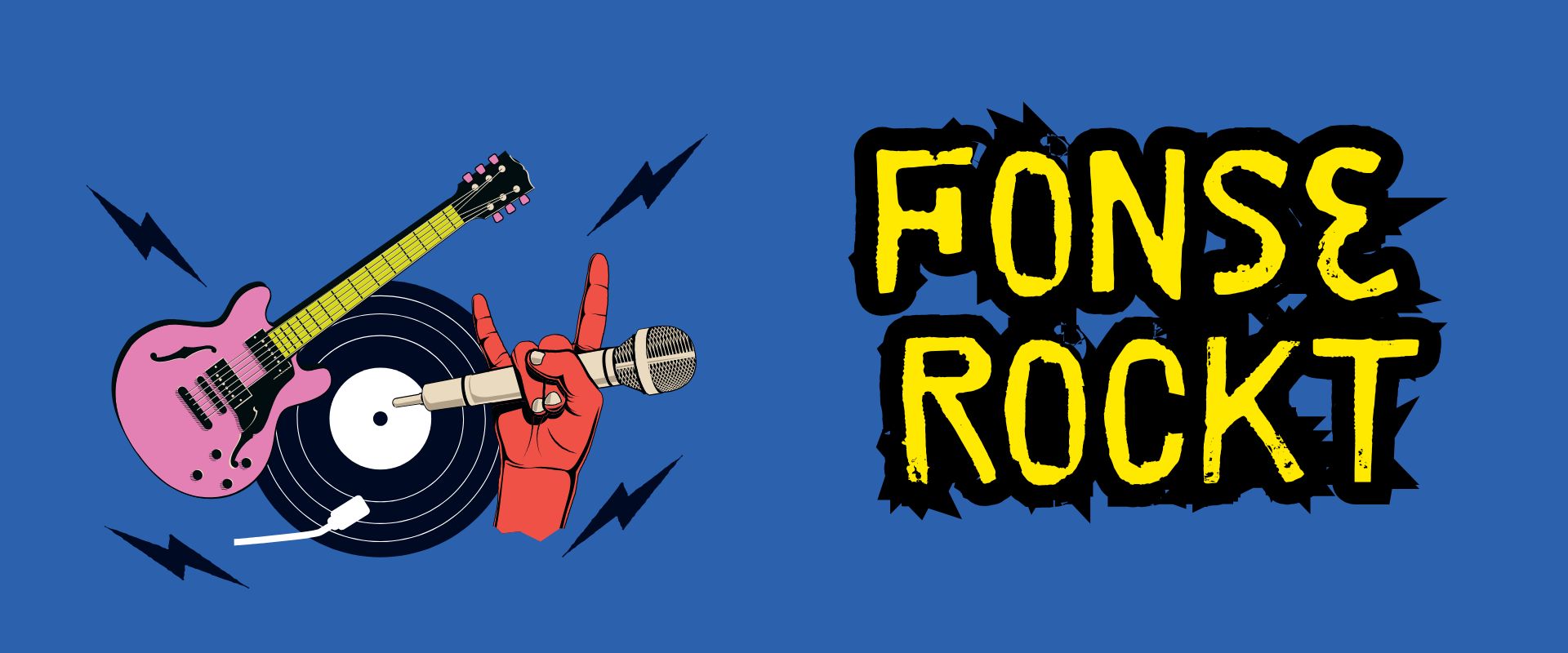 Gitarre, Schallplatte und Mikrofon vor blauem Hintergrund.