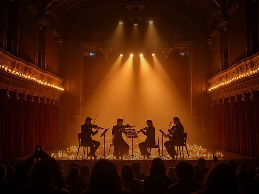 Ein Streichquartett sitzt im warmen Abendlicht auf der Bühne.