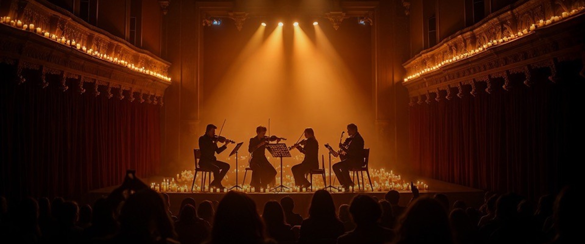 Ein Streichquartett sitzt im warmen Abendlicht auf der Bühne.