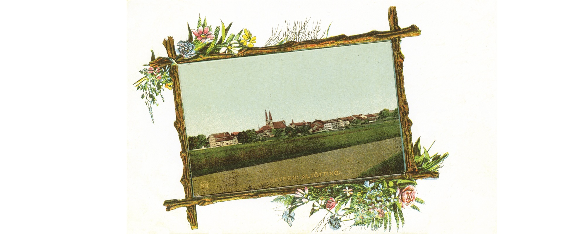 Ein altes Bild der Stadt Altötting mit Rahmen. 