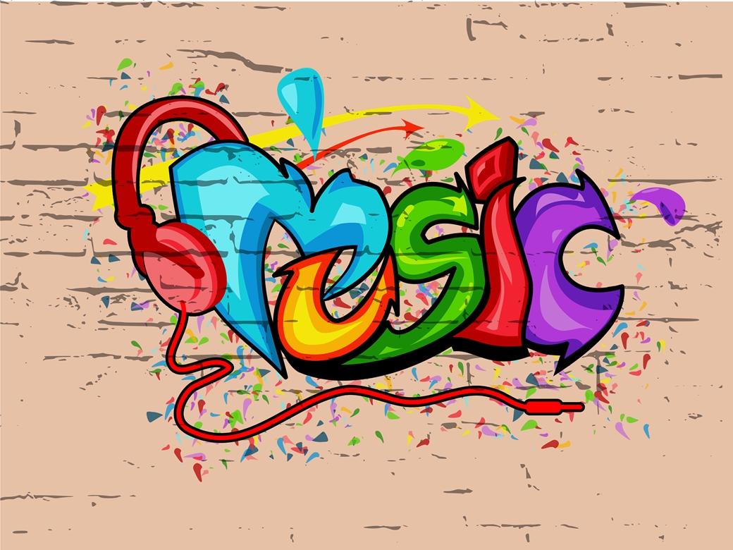 Bunter Schriftzug Music vor hellem Hintergrund.